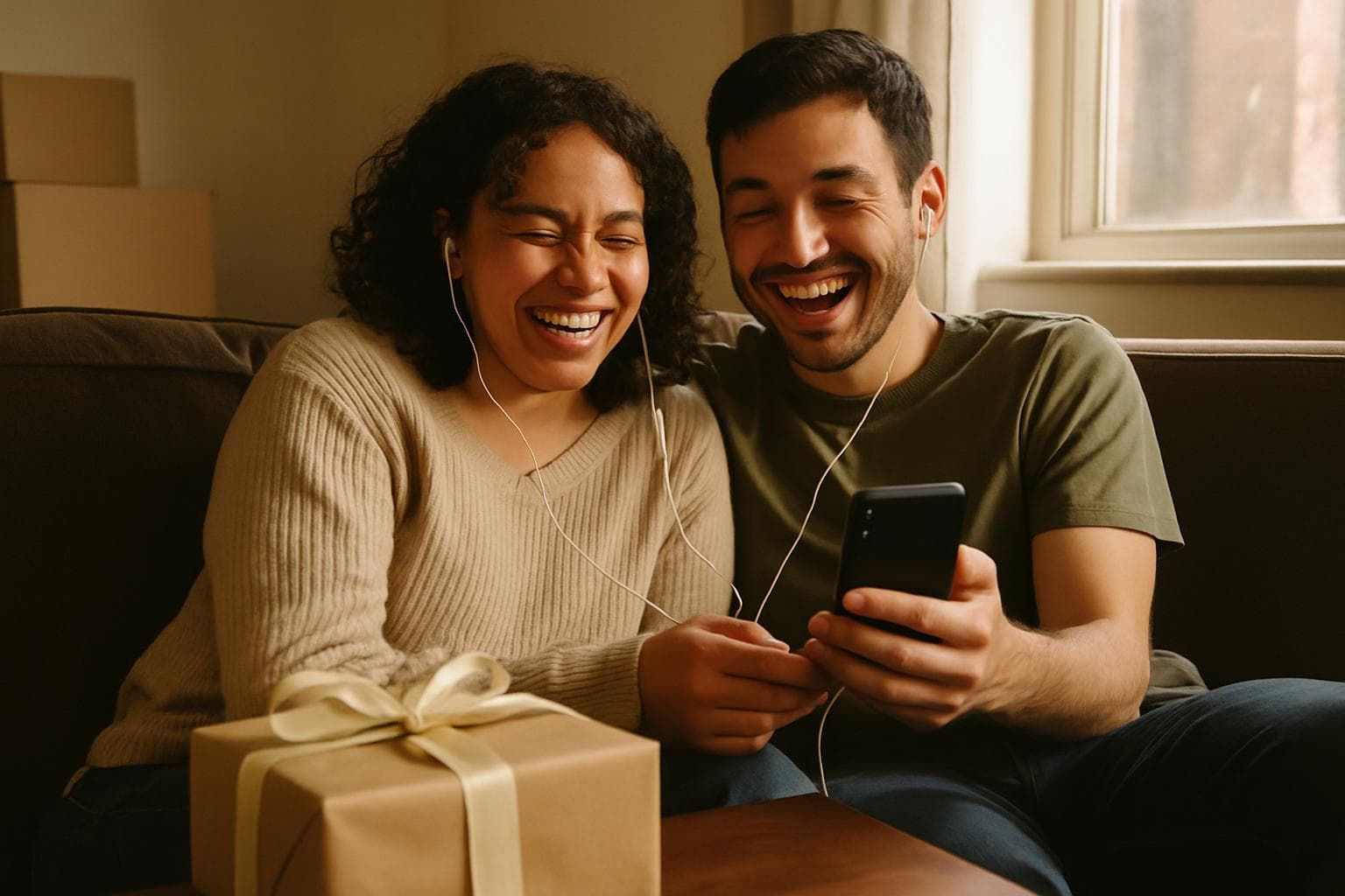 Couple in their first apartment listening together to a personalized wedding song gift, surprised genuine emotion