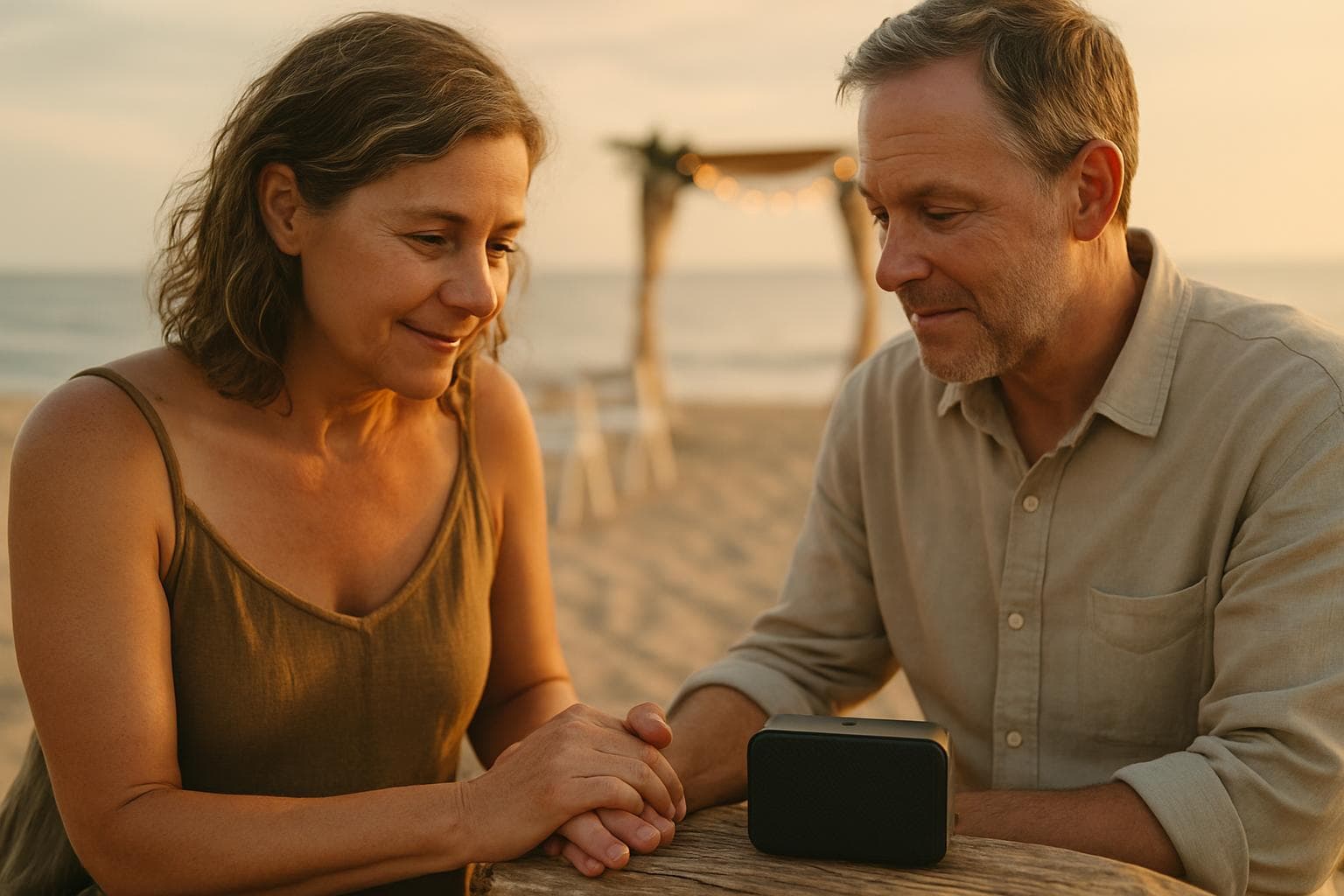 Couple at vow renewal ceremony listening to their personalized song together