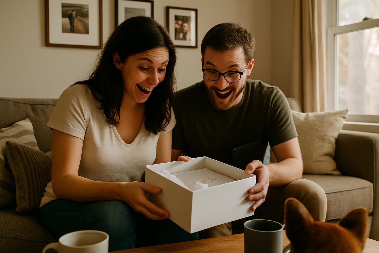 Couple opening a personalized wedding gift together in their already-furnished home, genuine moment of surprise and connection
