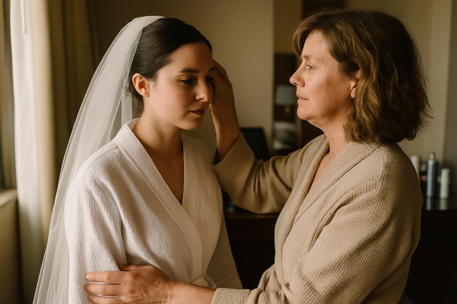 Bride and mother sharing a quiet moment before the wedding ceremony, soft morning light, genuine emotion