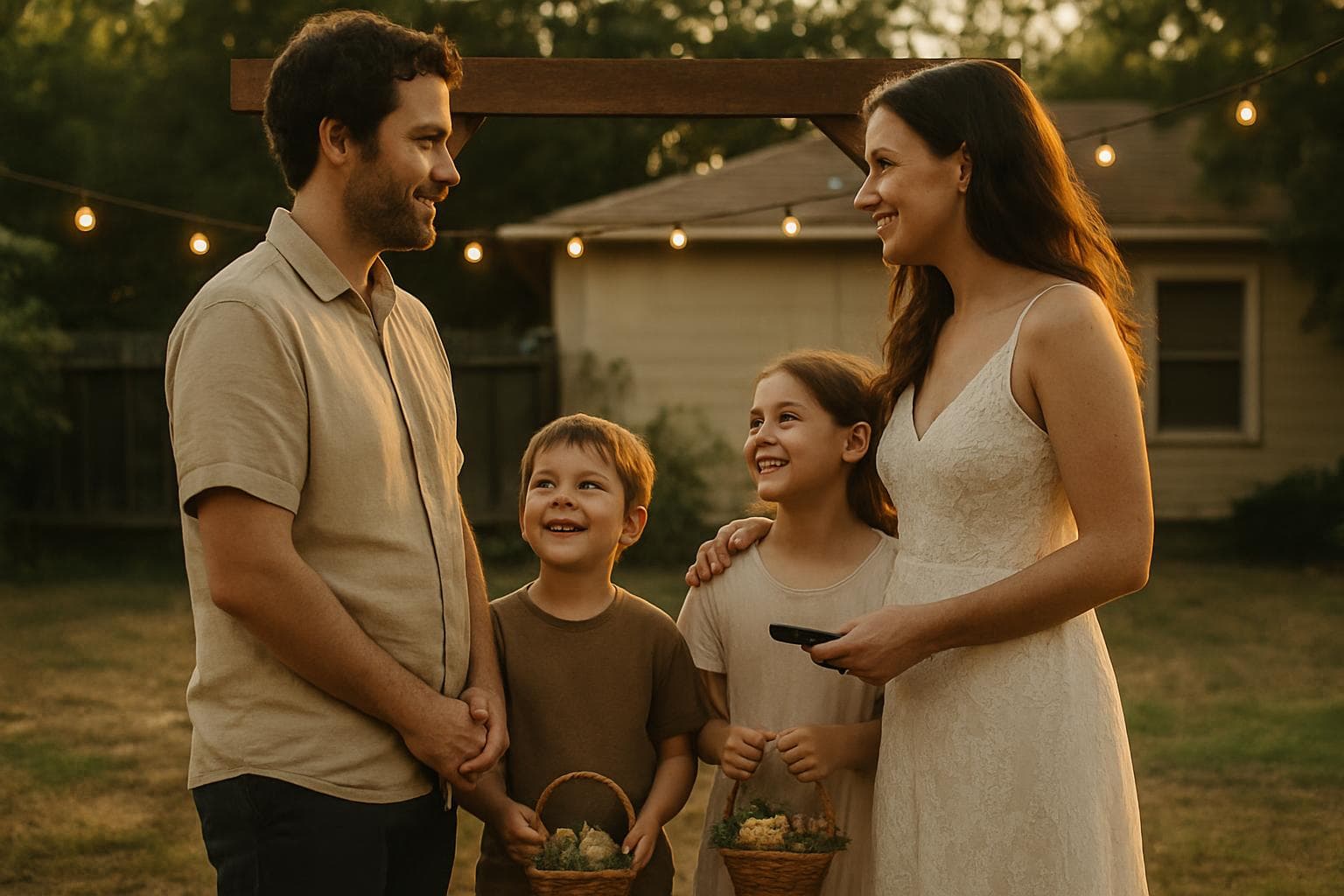 Couple with two young children at backyard wedding ceremony, golden hour, all four holding hands
