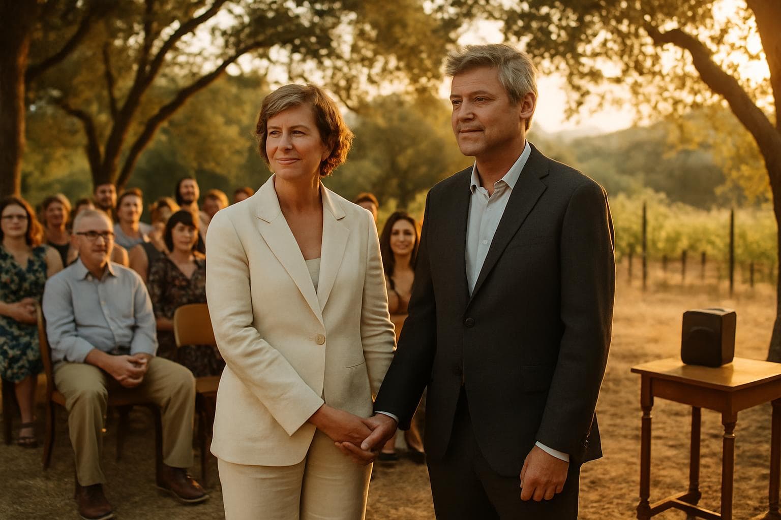 Couple at intimate second-marriage ceremony, golden hour outdoor setting, guests watching, warm and knowing