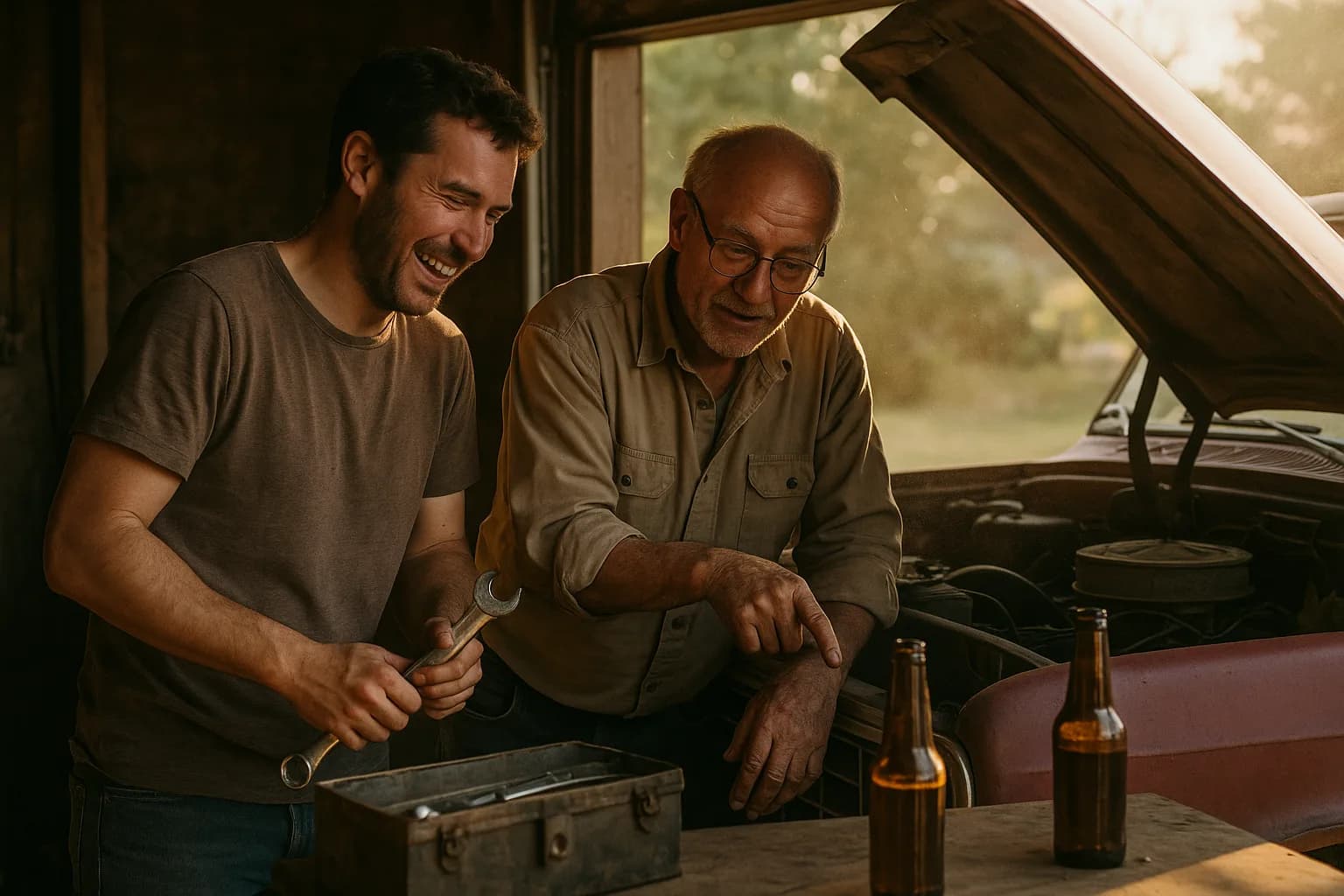 A son and his father working on a truck engine together in a garage at golden hour, the kind of shared moment a personalized Father's Day song is built from