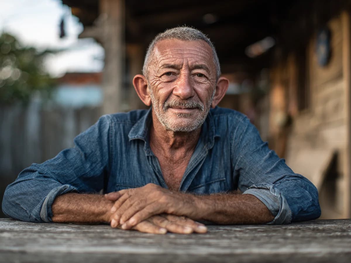 Homem brasileiro de 60 anos sentado em varanda, sorriso tranquilo, luz dourada de fim de tarde