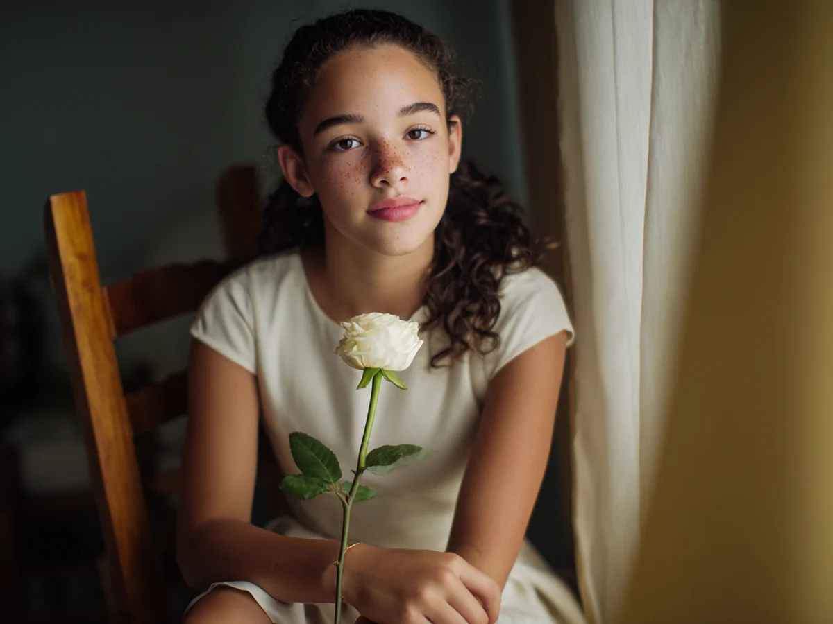 Adolescente brasileira de 15 anos sorrindo na festa de debutante, vestido de quinze anos com bordado