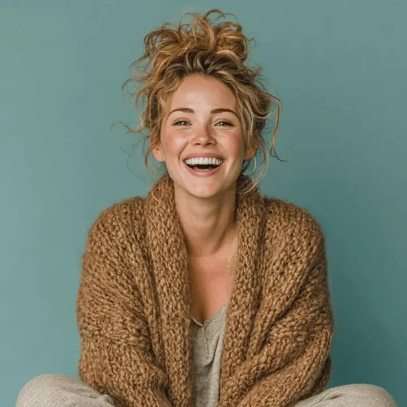 Amanda at 35, candid portrait of a wife mid-laugh