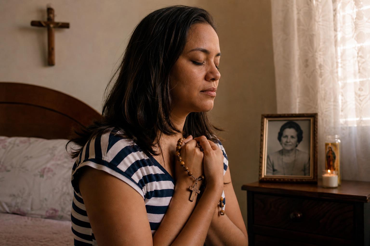 Neta rezando com o terço da avó falecida — homenagem católica póstuma