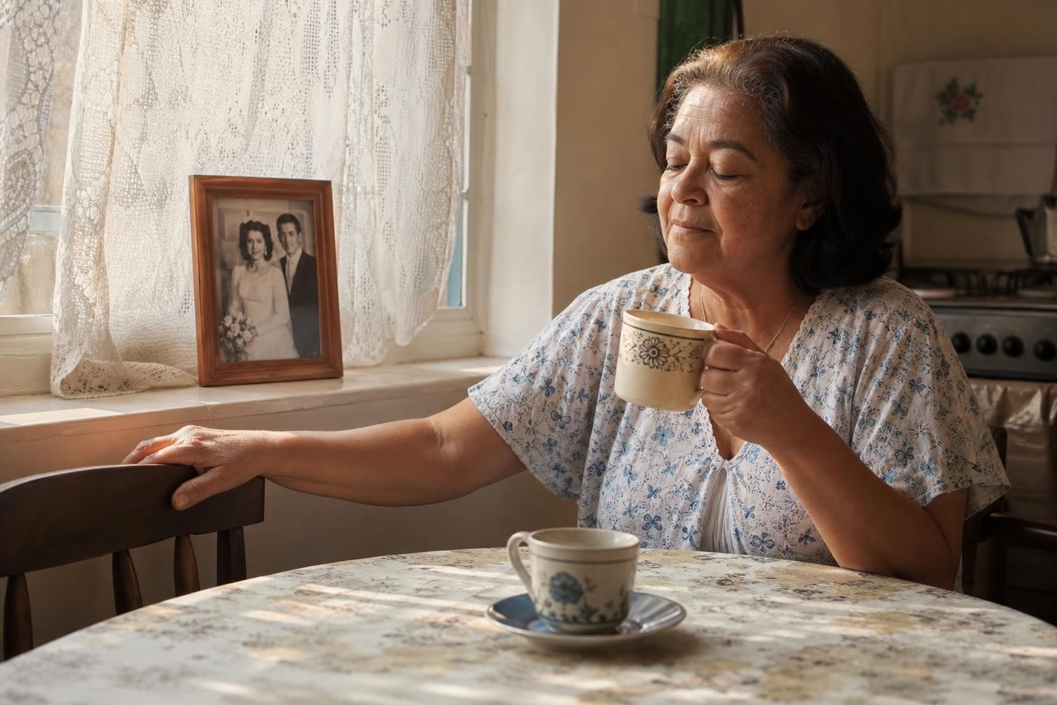 Viúva ouvindo música de homenagem ao marido falecido, com café preparado para dois