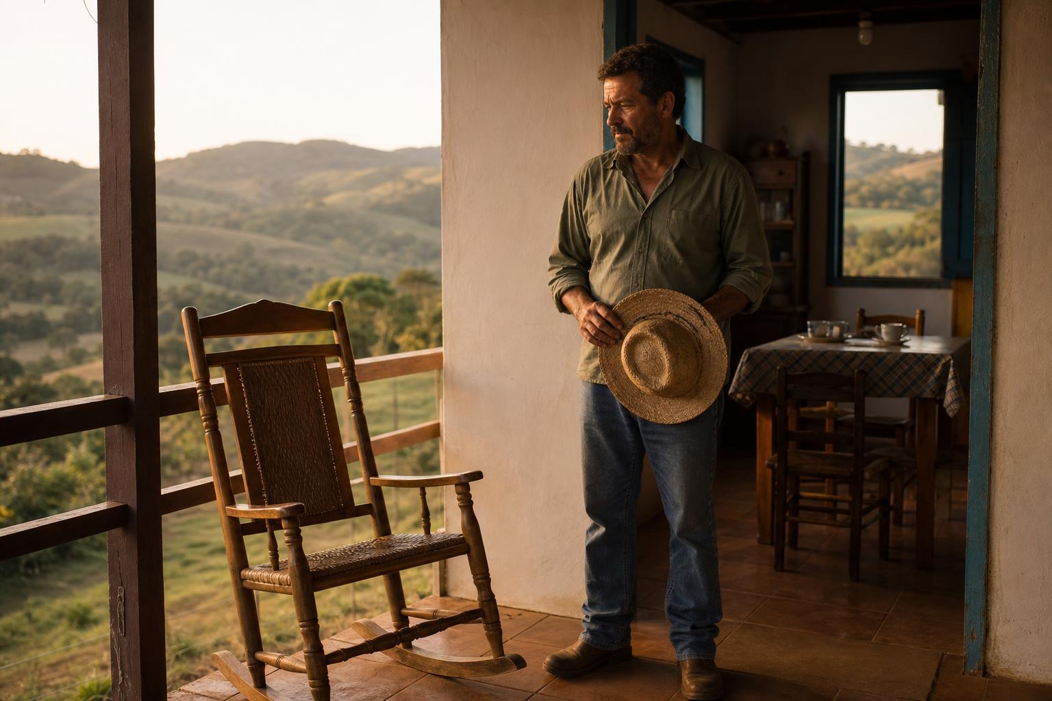 Filho adulto na varanda rural olhando a cadeira vazia do pai falecido