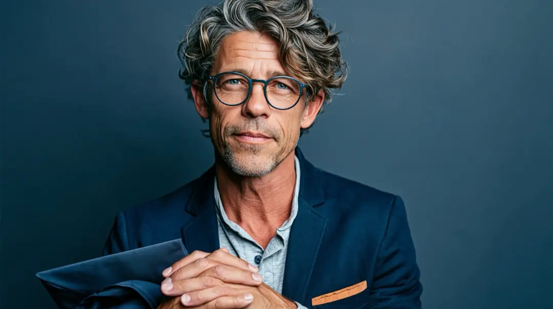 Portrait of an American father in his mid-forties — silver curls, glasses, navy blazer — singing a piano graduation song to his daughter