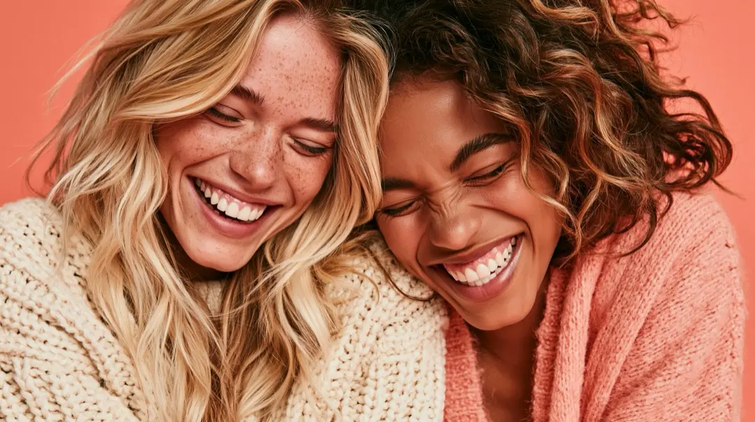 Two young American women laughing together — a personalized indie-pop graduation song for a best friend