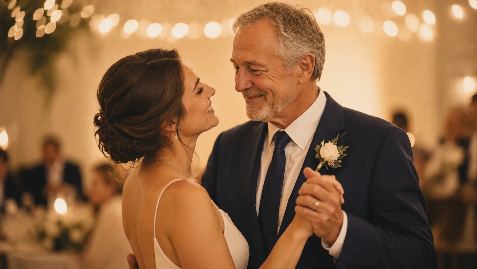 Father and daughter at wedding ceremony, country venue with oak trees