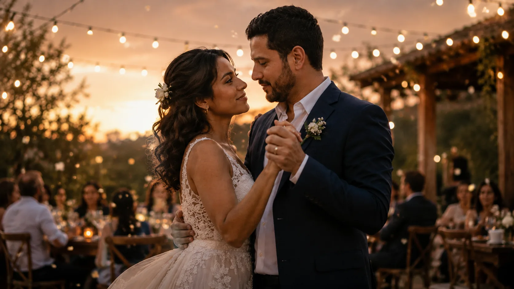 Casal brasileiro na primeira dança do casamento ao pôr do sol — homenagem musical ReadyMuse